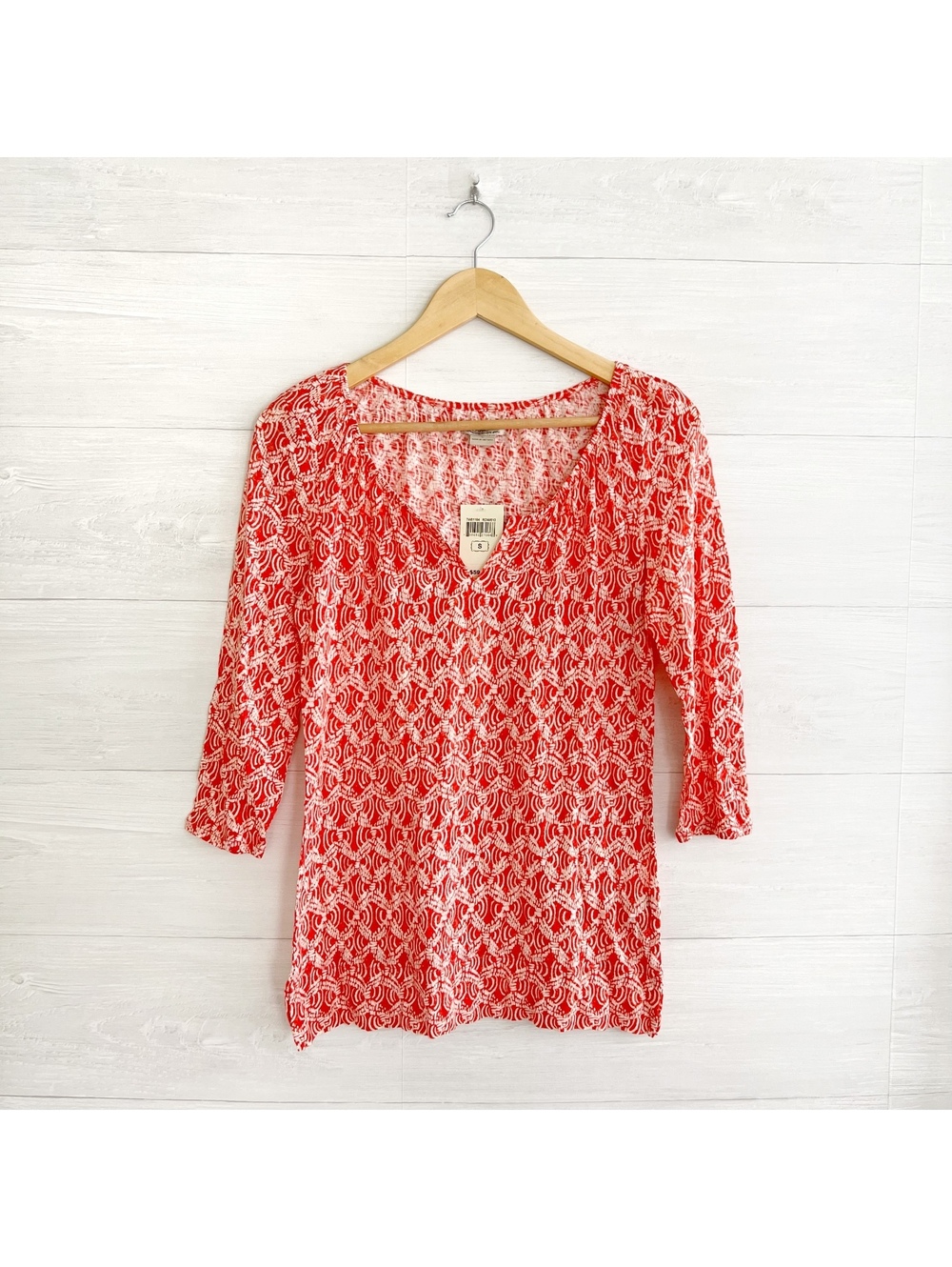 NWT Lucky Brand Red White Print 3/4 Sleeve Lightweight Boho Top Womens S
